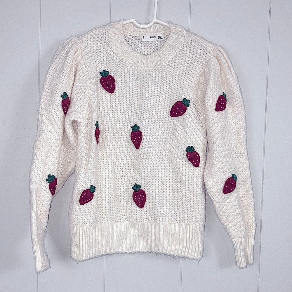 MNG Mango Strawberry Embroidered Knit Sweater Size XS Winter Soft Casual